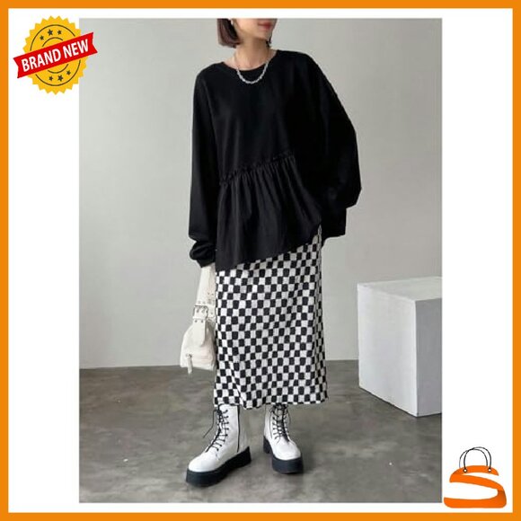 Elastic Waist Plaid Skirt Long Straight Slit Hem Women's - Picture 7 of 7